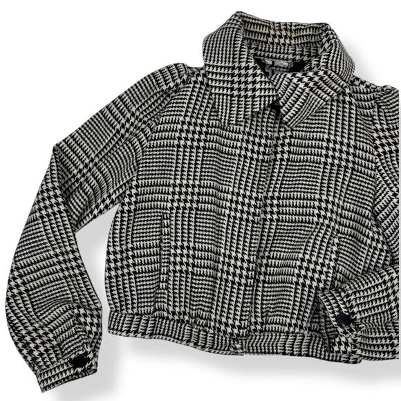 90's black white houndstooth wool blend cropped high neck light jacket - Picture 10 of 16